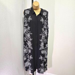 Peter Nygard Cocktail Floral Long Open Boxy Midi Tunic Womens Sz 18 Black Cream